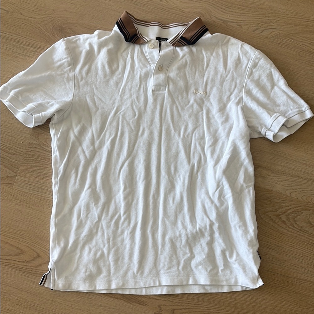 Boss White Polo with Brown Collar